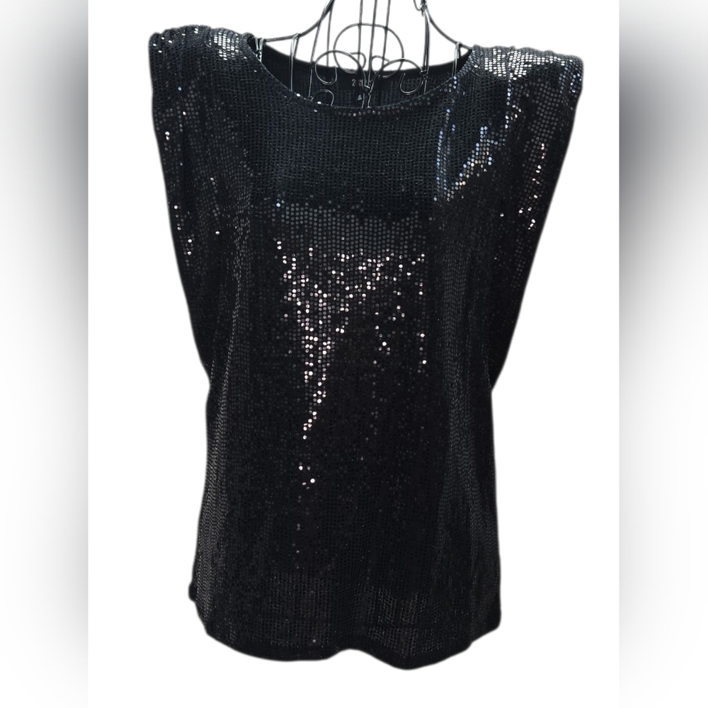 28th & Park Black Sequin Tank Top S Sleeveless Padded Shoulders Party Holiday